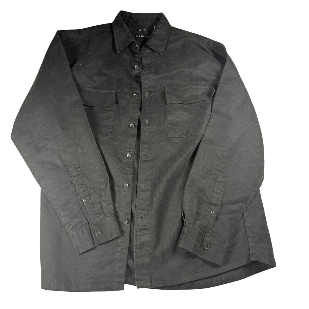 George Mens Black Button Up Shirt Sz M 38/40 Sueded Long Sleeve Utility Pockets